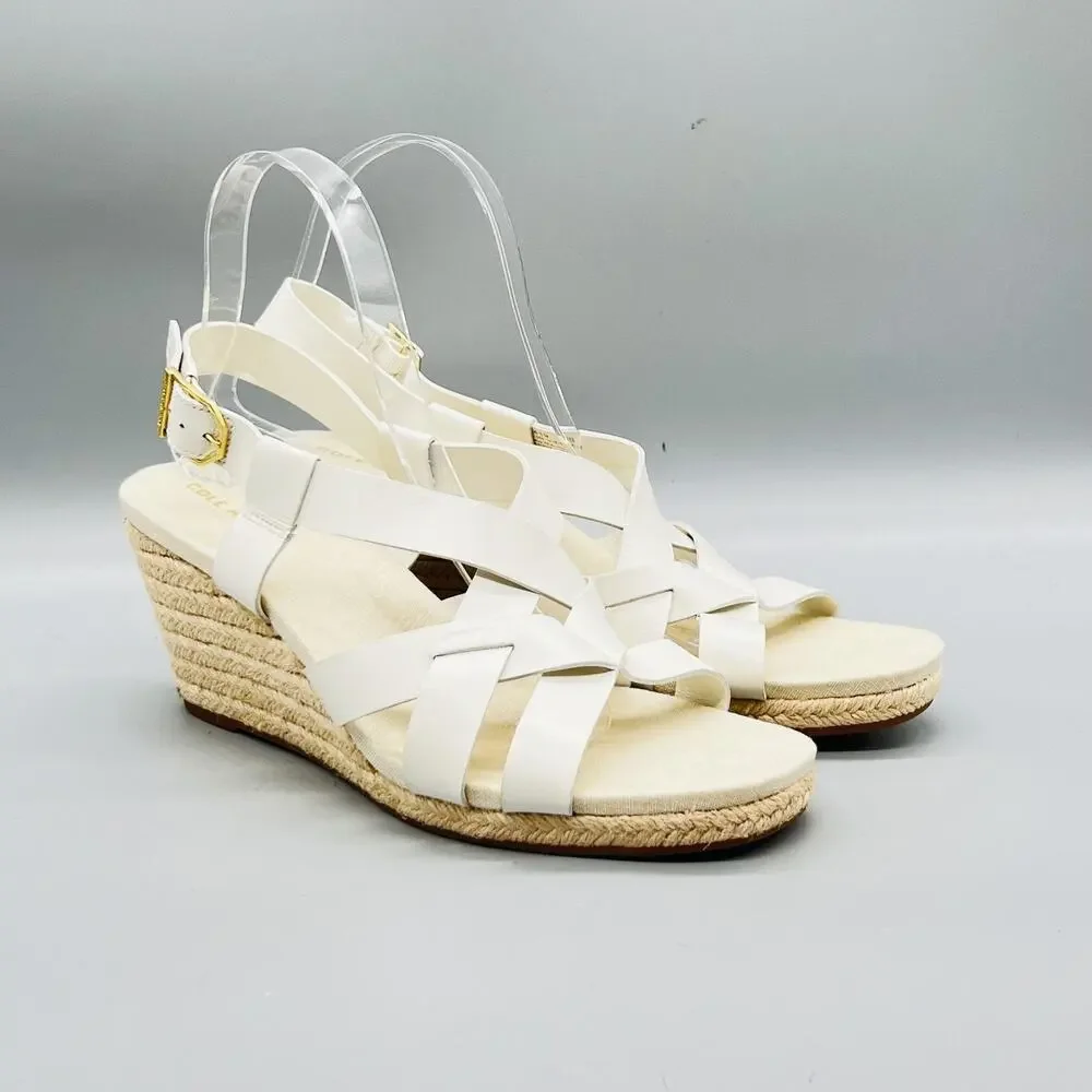 Cole Haan Sandals Women 9 White Leather Strappy Slingback Espadrille Wedge Shoes